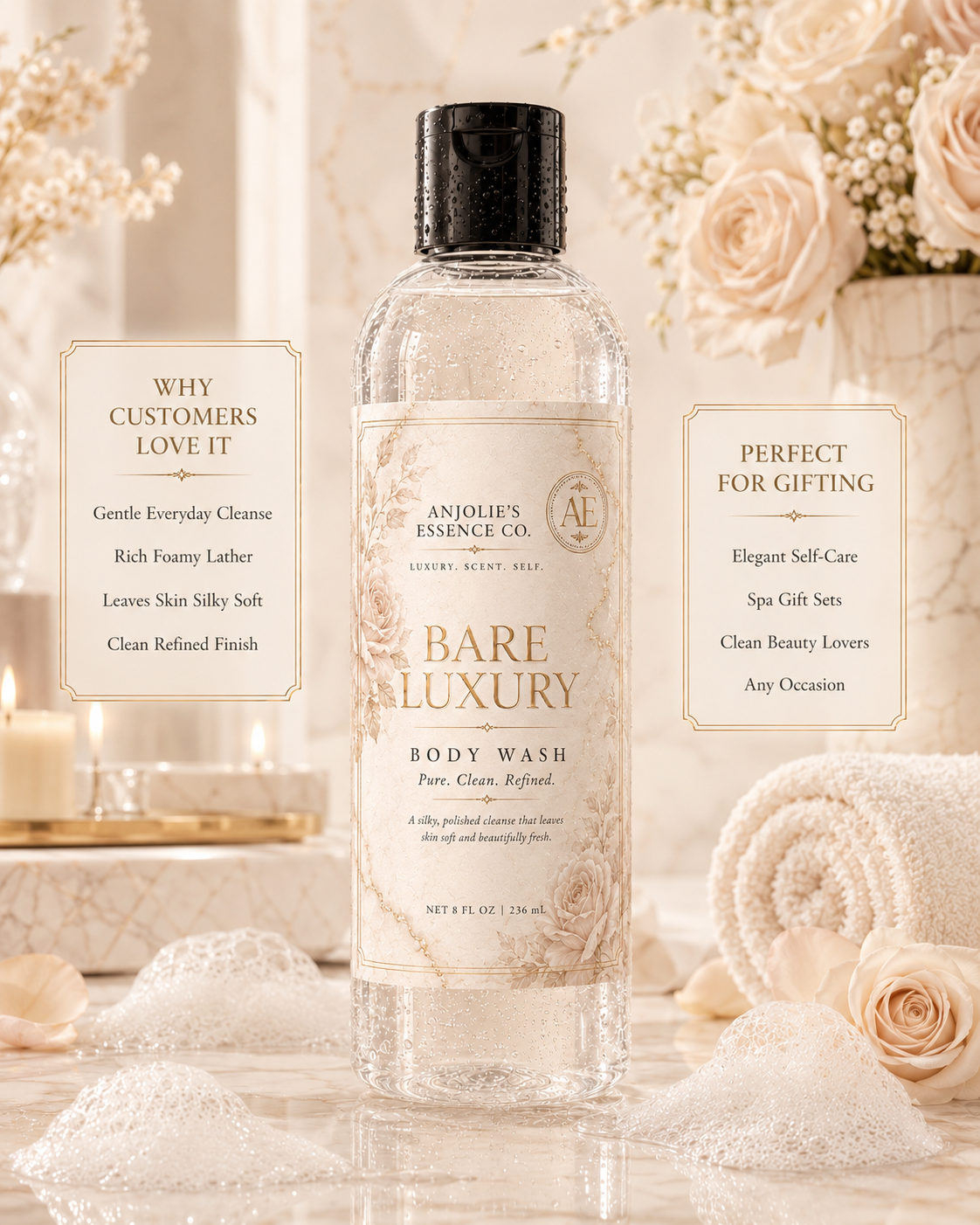 Bare Luxury Body Wash 8 Oz Clean Linen Musk Fragrance Shower Gel by Anjolie's Essence Co.
