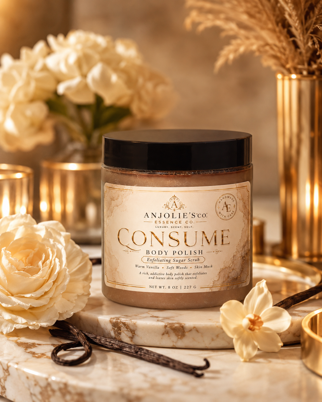 Consume Body Polish Sugar Scrub 8 Oz Warm Vanilla Woods And Musk by Anjolie's Essence Co.