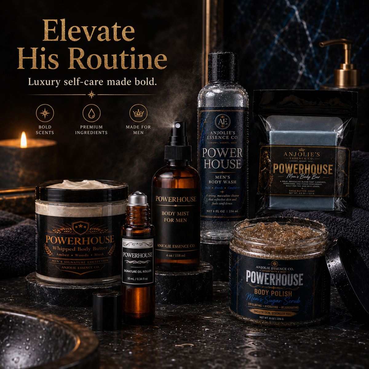 Powerhouse Mens 6 Piece Bath and Body Gift Set for Men Grooming Routine by Anjolie's Essence Co.