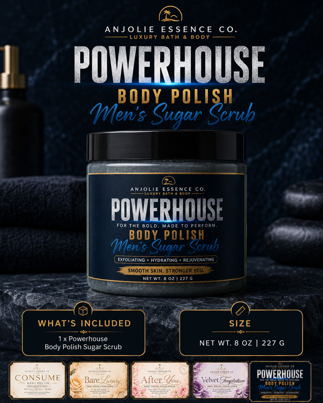 Powerhouse Mens Body Polish Sugar Scrub 8 Oz Fresh Woods Amber Musk by Anjolie's Essence Co.