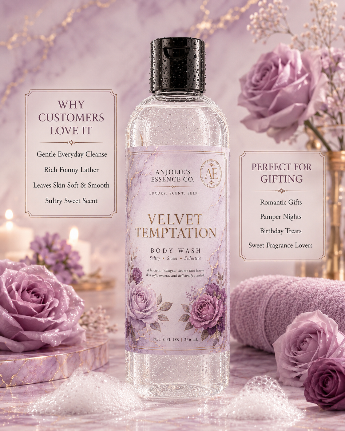 Velvet Temptation Body Wash 8 Oz With Warm Vanilla Floral Fragrance by Anjolie's Essence Co.
