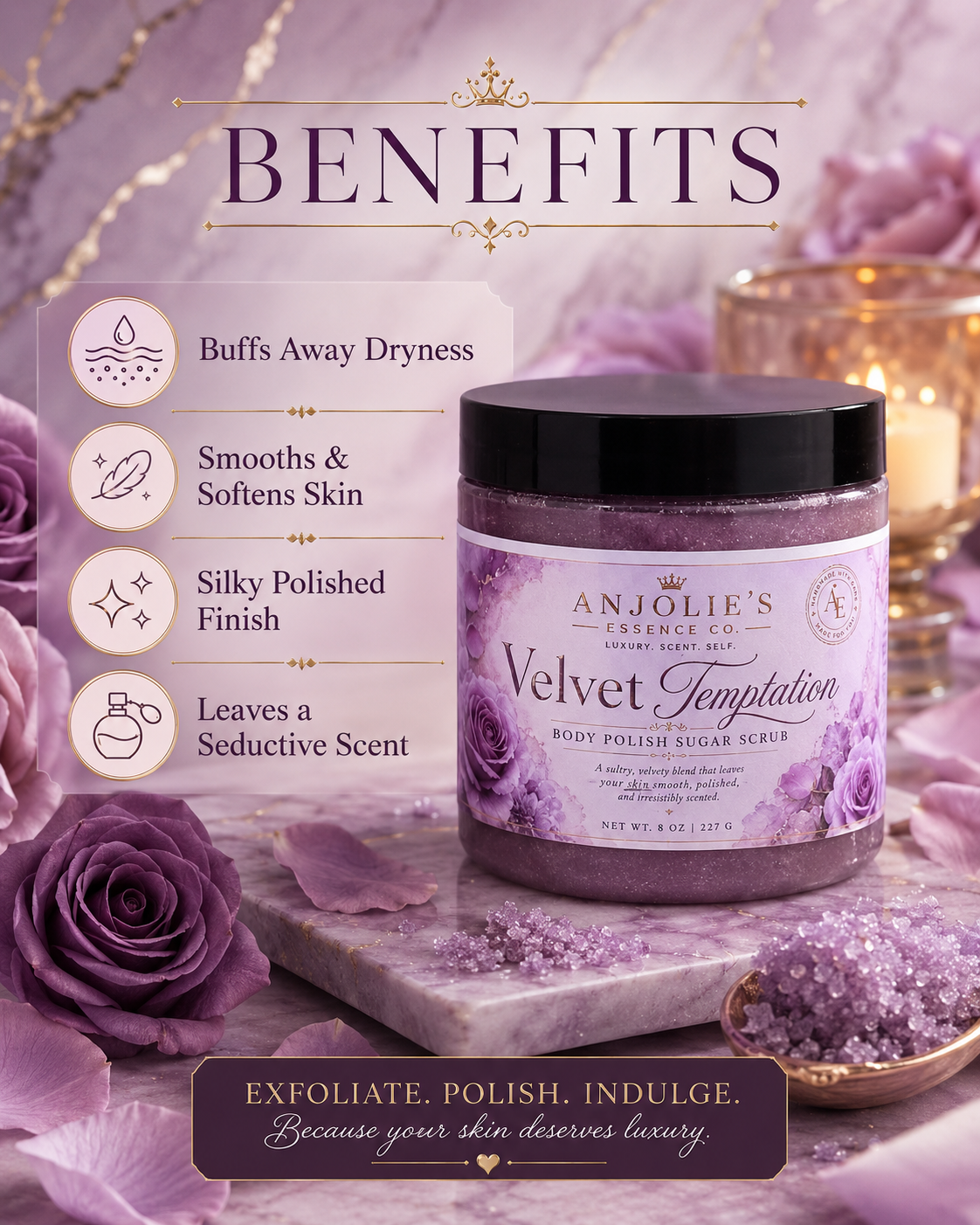 Velvet Temptation Sugar Scrub Body Polish Warm Vanilla Floral 8 oz by Anjolie's Essence Co.