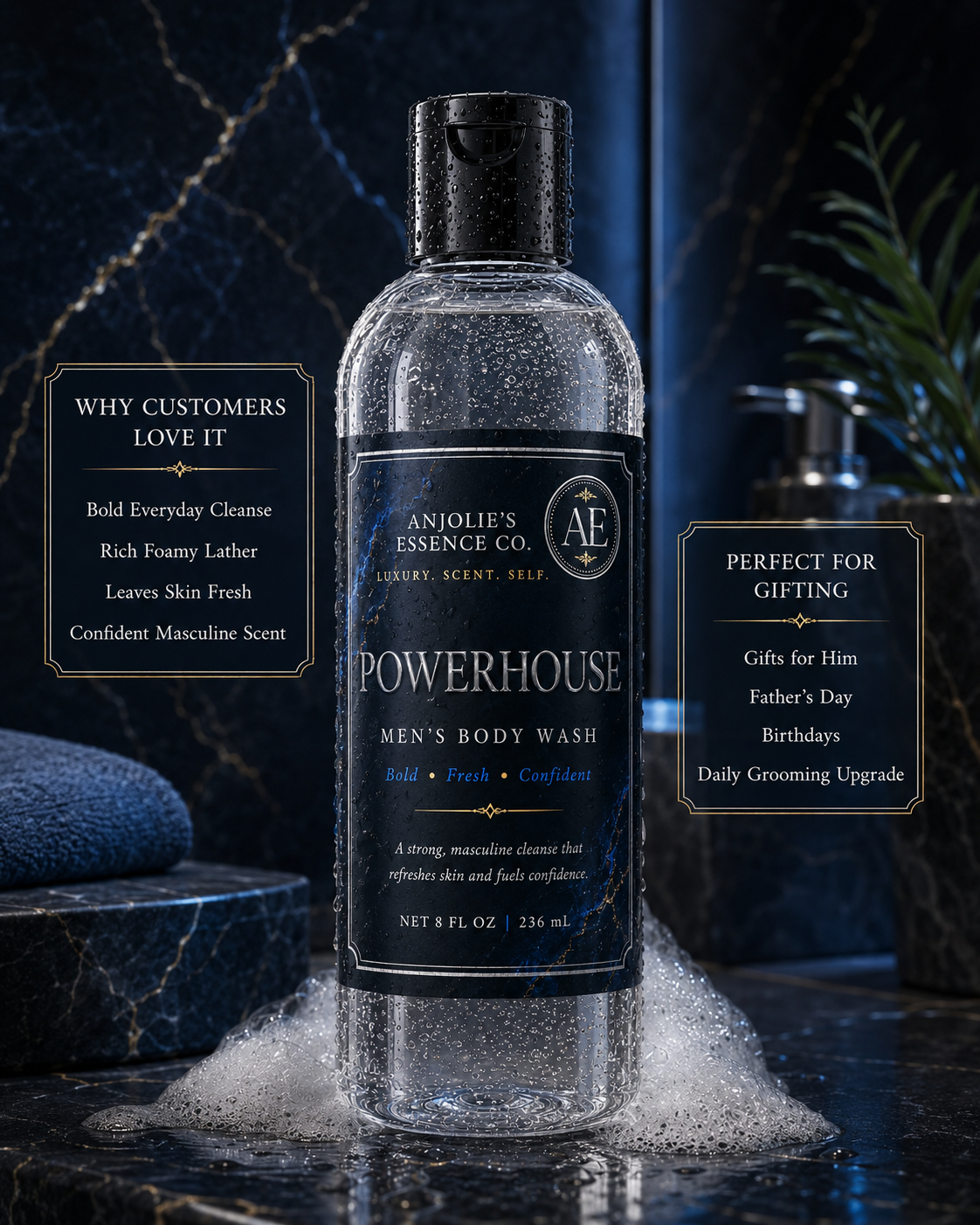 Powerhouse Mens Body Wash 8 Oz With Fresh Woods Amber And Musk by Anjolie's Essence Co.