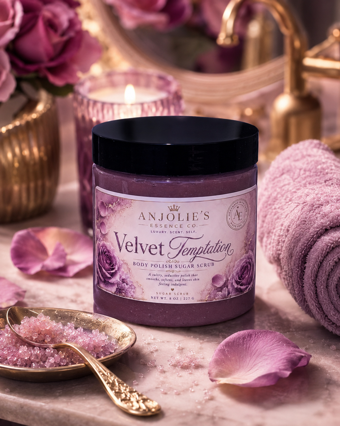 Velvet Temptation Sugar Scrub Body Polish Warm Vanilla Floral 8 oz by Anjolie's Essence Co.