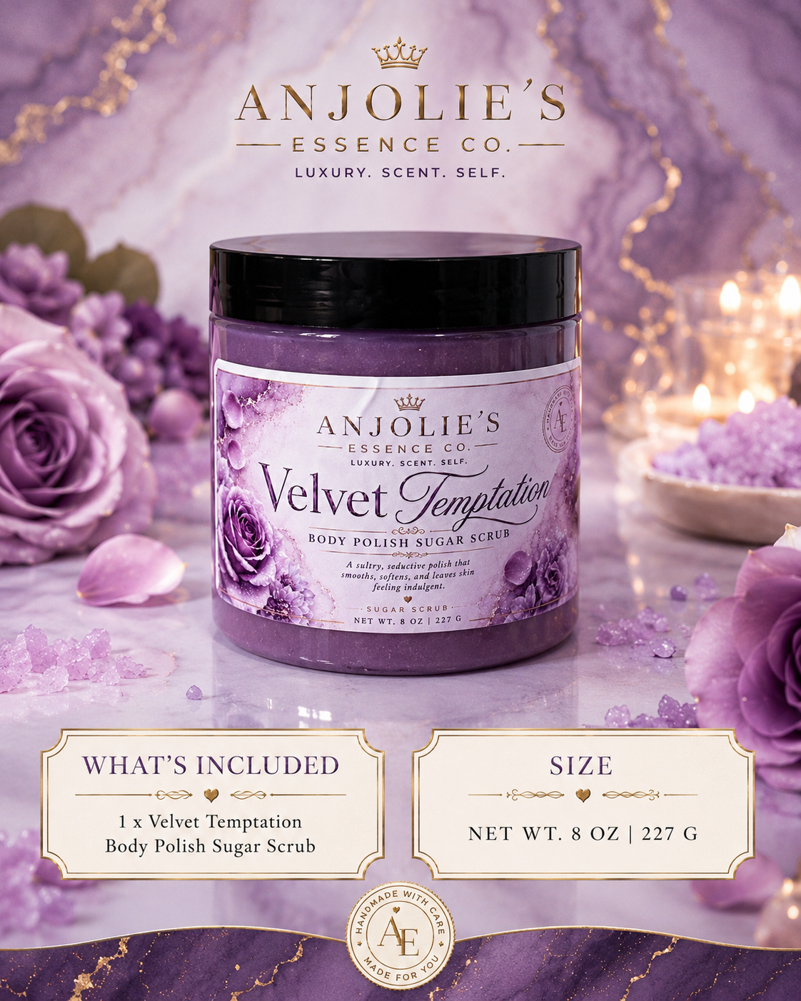 Velvet Temptation Sugar Scrub Body Polish Warm Vanilla Floral 8 oz by Anjolie's Essence Co.