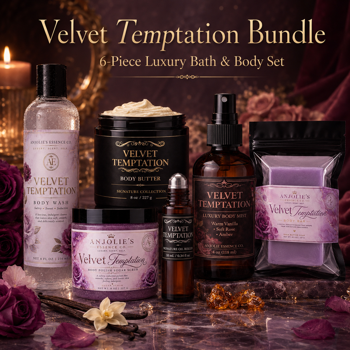Velvet Temptation 6 Piece Bath and Body Gift Set Luxury Fragrance Routine by Anjolie's Essence Co.