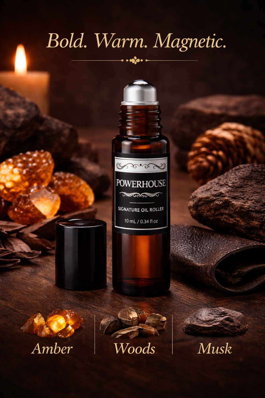 Powerhouse Mens Perfume Oil Roller 10 mL Fresh Woods Amber and Musk by Anjolie's Essence Co.