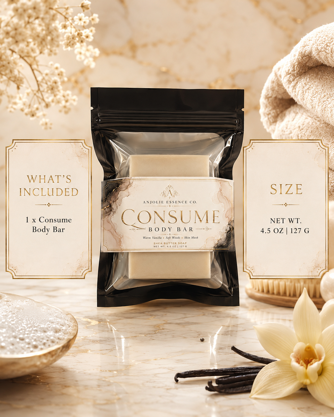 Consume Body Bar Soap 4.5 Oz With Warm Vanilla Woods And Skin Musk by Anjolie's Essence Co.