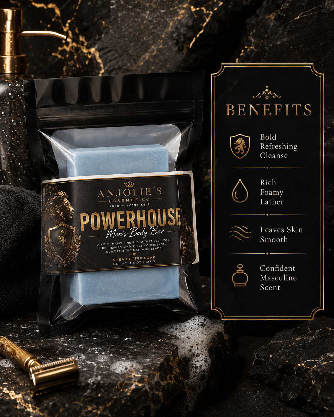 Powerhouse Mens Body Bar Soap 4.5 Oz With Fresh Woods Amber And Musk by Anjolie's Essence Co.