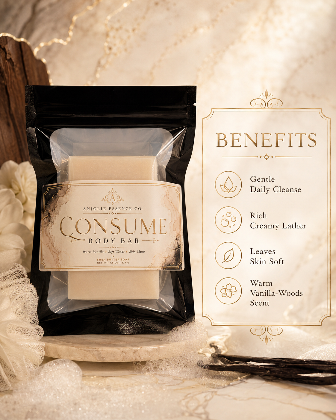 Consume Body Bar Soap 4.5 Oz With Warm Vanilla Woods And Skin Musk by Anjolie's Essence Co.