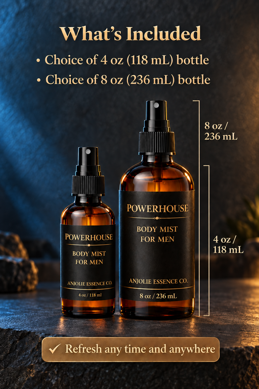Powerhouse Mens Body Mist with Fresh Woods Amber and Musk by Anjolie's Essence Co.