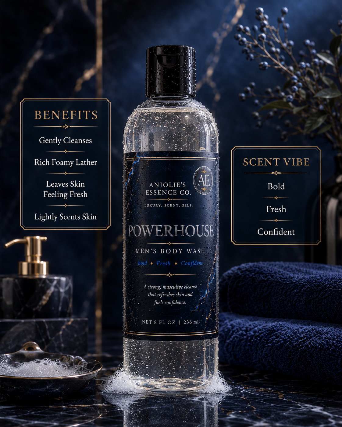 Powerhouse Mens Body Wash 8 Oz With Fresh Woods Amber And Musk by Anjolie's Essence Co.
