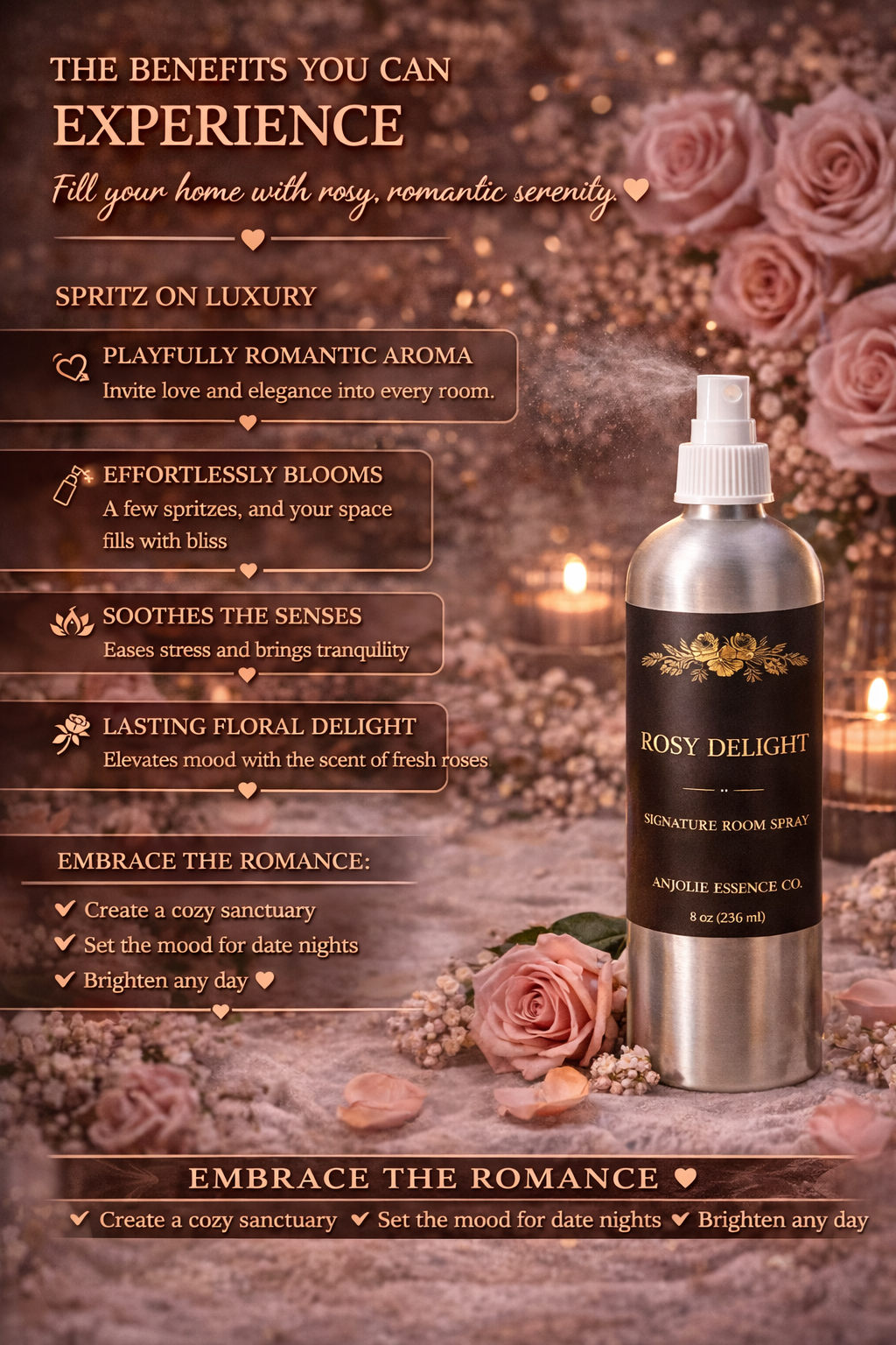 Anjolie Essence Co Rosy Delight Signature Room Spray 8 Oz Floral Home Fragrance Elevate Your Space by Anjolie's Essence Co.