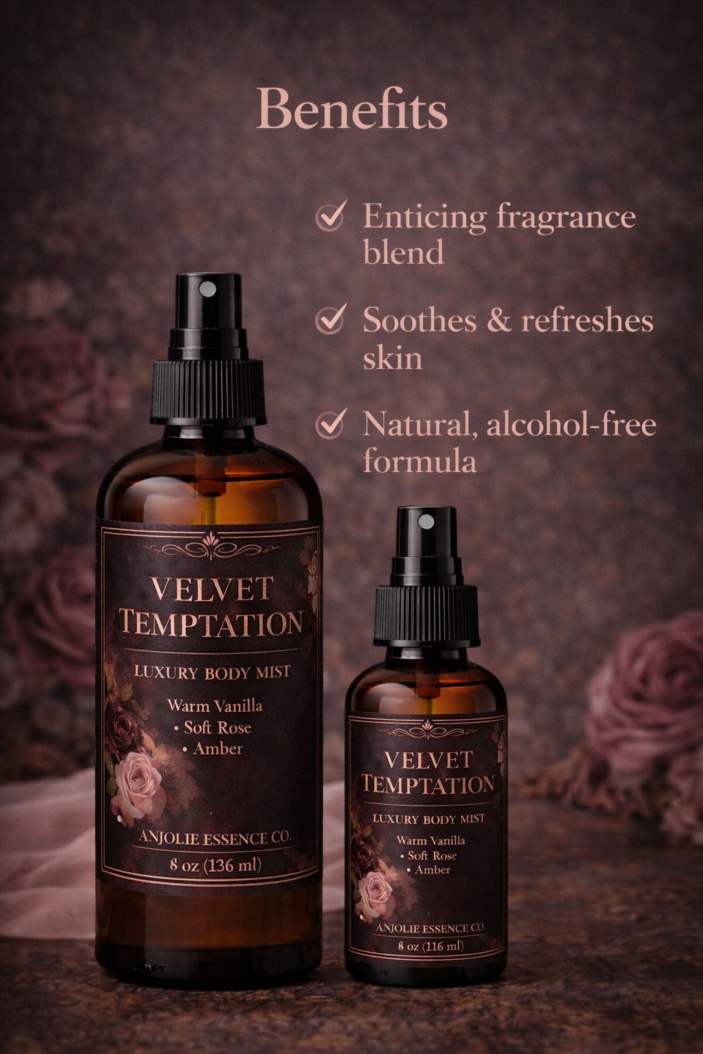 Velvet Temptation Luxury Body Mist By Anjolie Essence Co For Women Long Lasting Soft Rose Vanilla Amber by Anjolie's Essence Co.