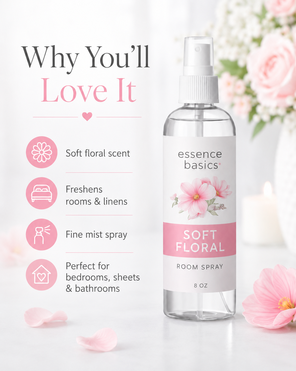 Soft Floral Room and Linen Spray 8 Oz Fresh Fabric Mist for Home by Anjolie's Essence Co.
