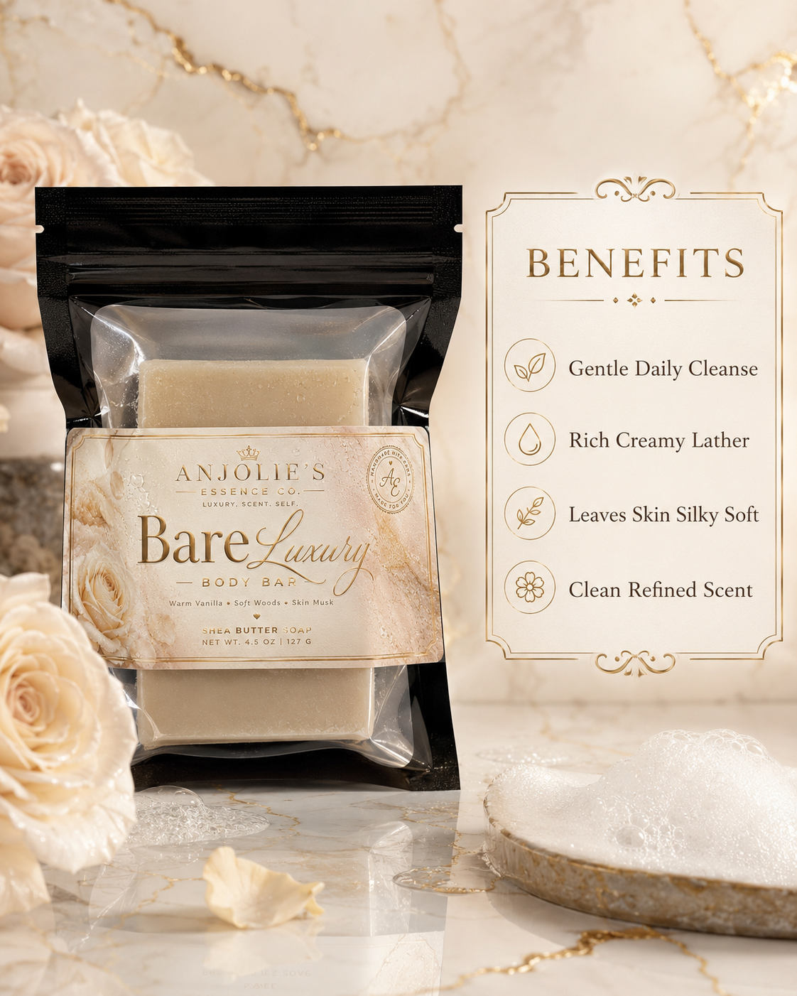 Bare Luxury Body Bar Soap Four And A Half Ounce Clean Linen Musk Daily Cleanser by Anjolie's Essence Co.