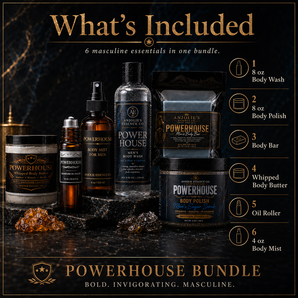 Powerhouse Mens 6 Piece Bath and Body Gift Set for Men Grooming Routine by Anjolie's Essence Co.