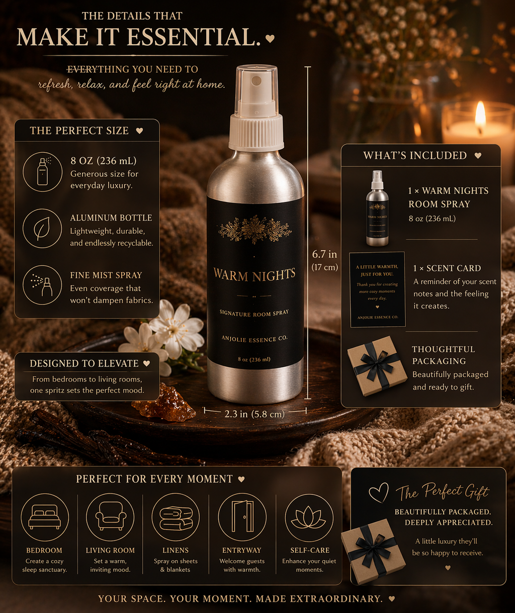 Warm Nights Signature Room Spray 8 Oz Premium Home Fragrance Mist for Cozy Atmosphere by Anjolie's Essence Co.