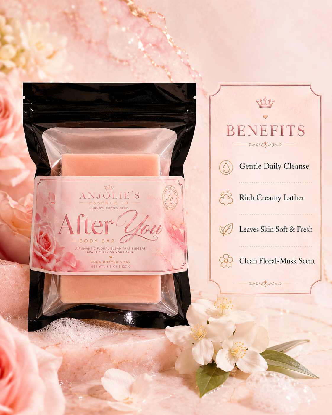 After You Body Bar Soap 4.5 Oz With White Jasmine And Soft Musk by Anjolie's Essence Co.