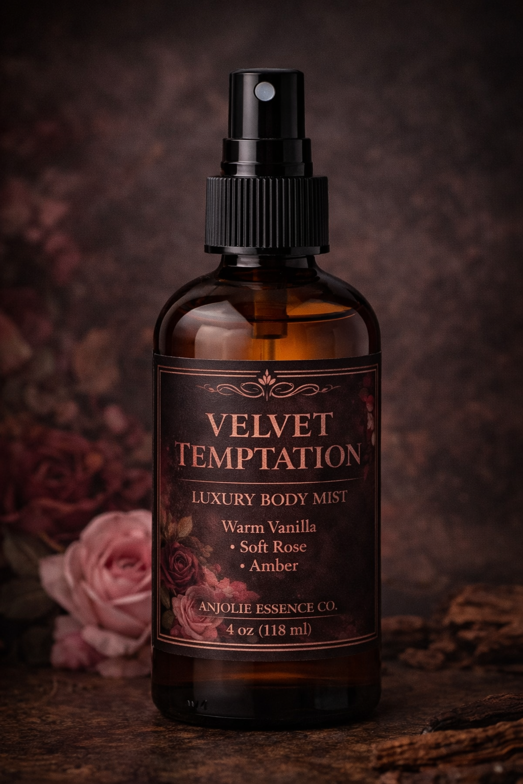 Velvet Temptation Luxury Body Mist By Anjolie Essence Co For Women Long Lasting Soft Rose Vanilla Amber by Anjolie's Essence Co.
