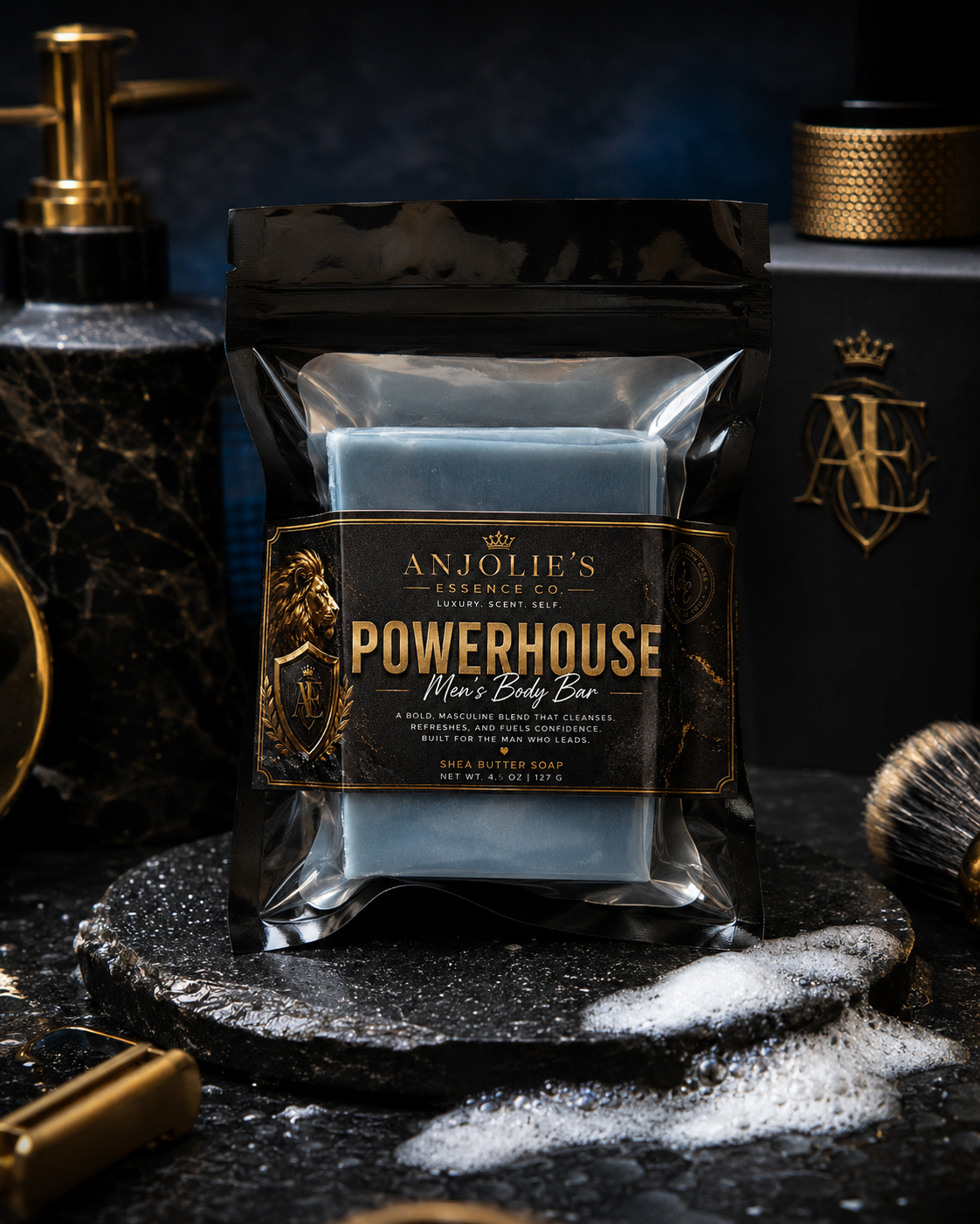 Powerhouse Mens Body Bar Soap 4.5 Oz With Fresh Woods Amber And Musk by Anjolie's Essence Co.