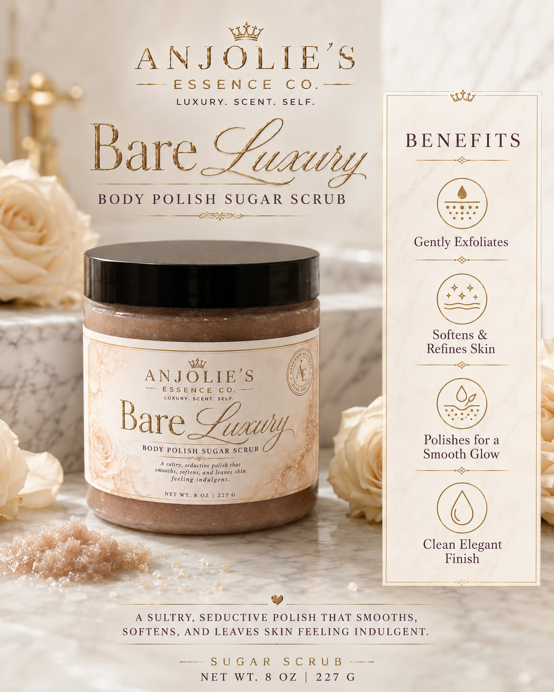 Bare Luxury Body Polish Sugar Scrub 8 Oz Clean Linen Musk Scent by Anjolie's Essence Co.