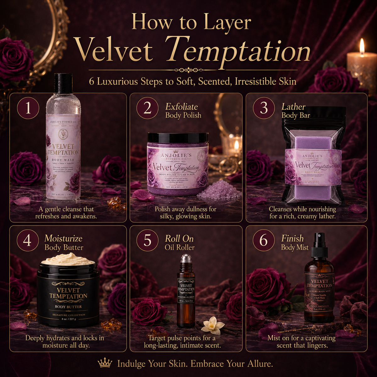 Velvet Temptation 6 Piece Bath and Body Gift Set Luxury Fragrance Routine by Anjolie's Essence Co.
