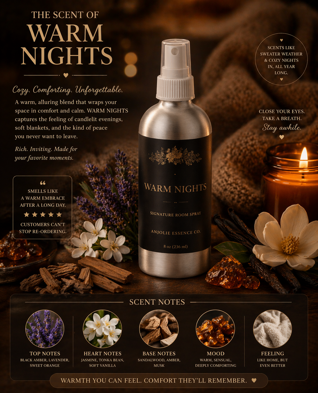 Warm Nights Signature Room Spray 8 Oz Premium Home Fragrance Mist for Cozy Atmosphere by Anjolie's Essence Co.