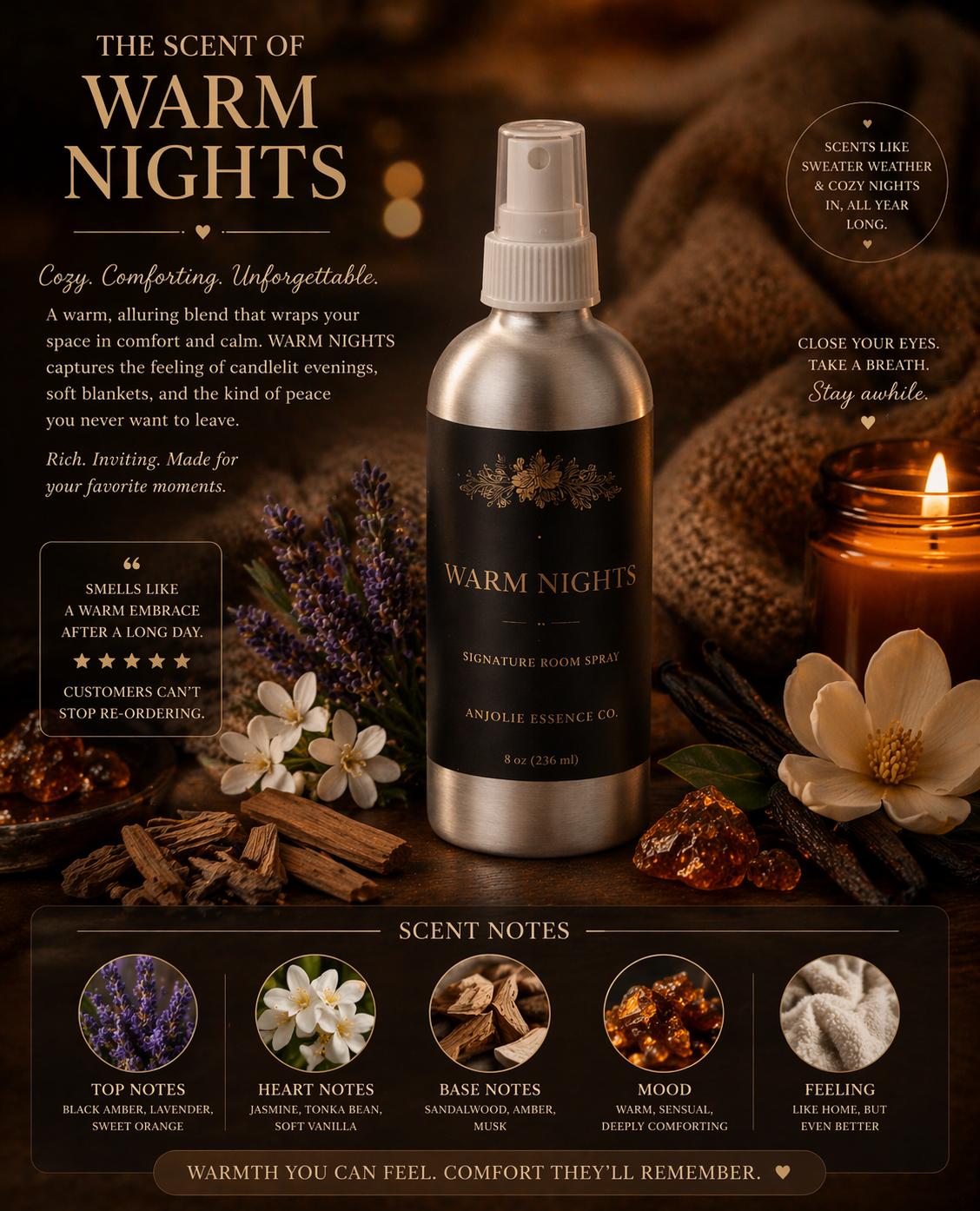 Warm Nights Signature Room Spray 8 Oz Premium Home Fragrance Mist for Cozy Atmosphere by Anjolie's Essence Co.