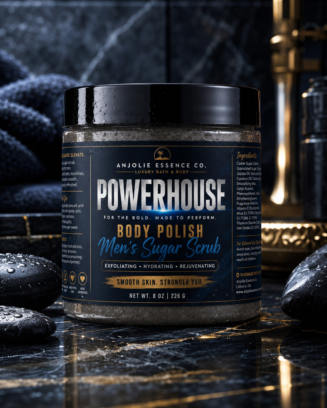 Powerhouse Mens Body Polish Sugar Scrub 8 Oz Fresh Woods Amber Musk by Anjolie's Essence Co.