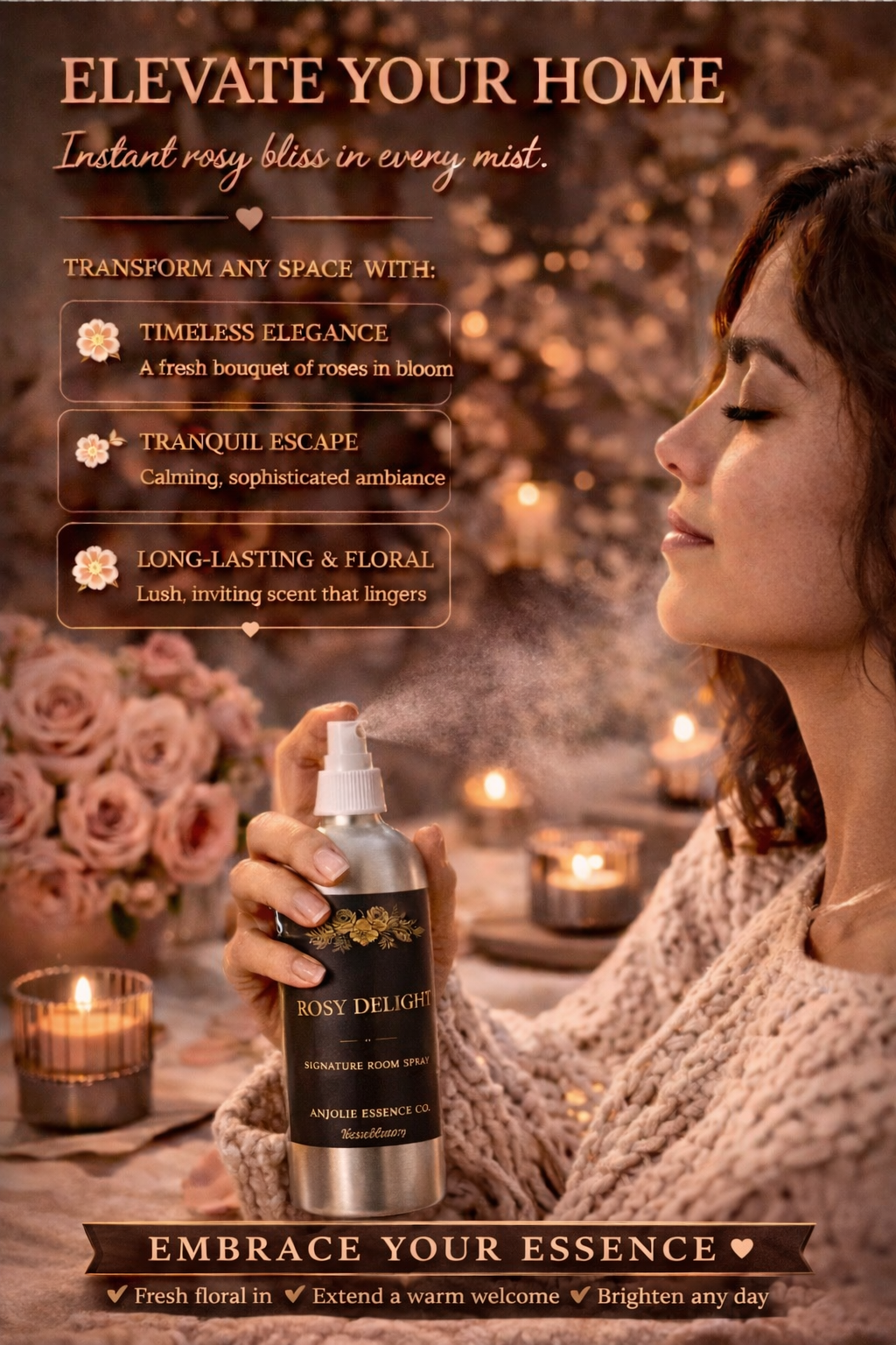 Anjolie Essence Co Rosy Delight Signature Room Spray 8 Oz Floral Home Fragrance Elevate Your Space by Anjolie's Essence Co.