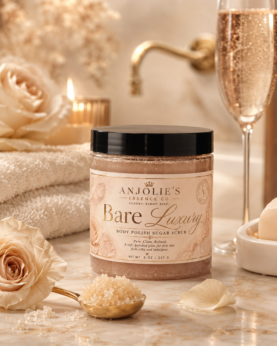 Bare Luxury Body Polish Sugar Scrub 8 Oz Clean Linen Musk Scent by Anjolie's Essence Co.
