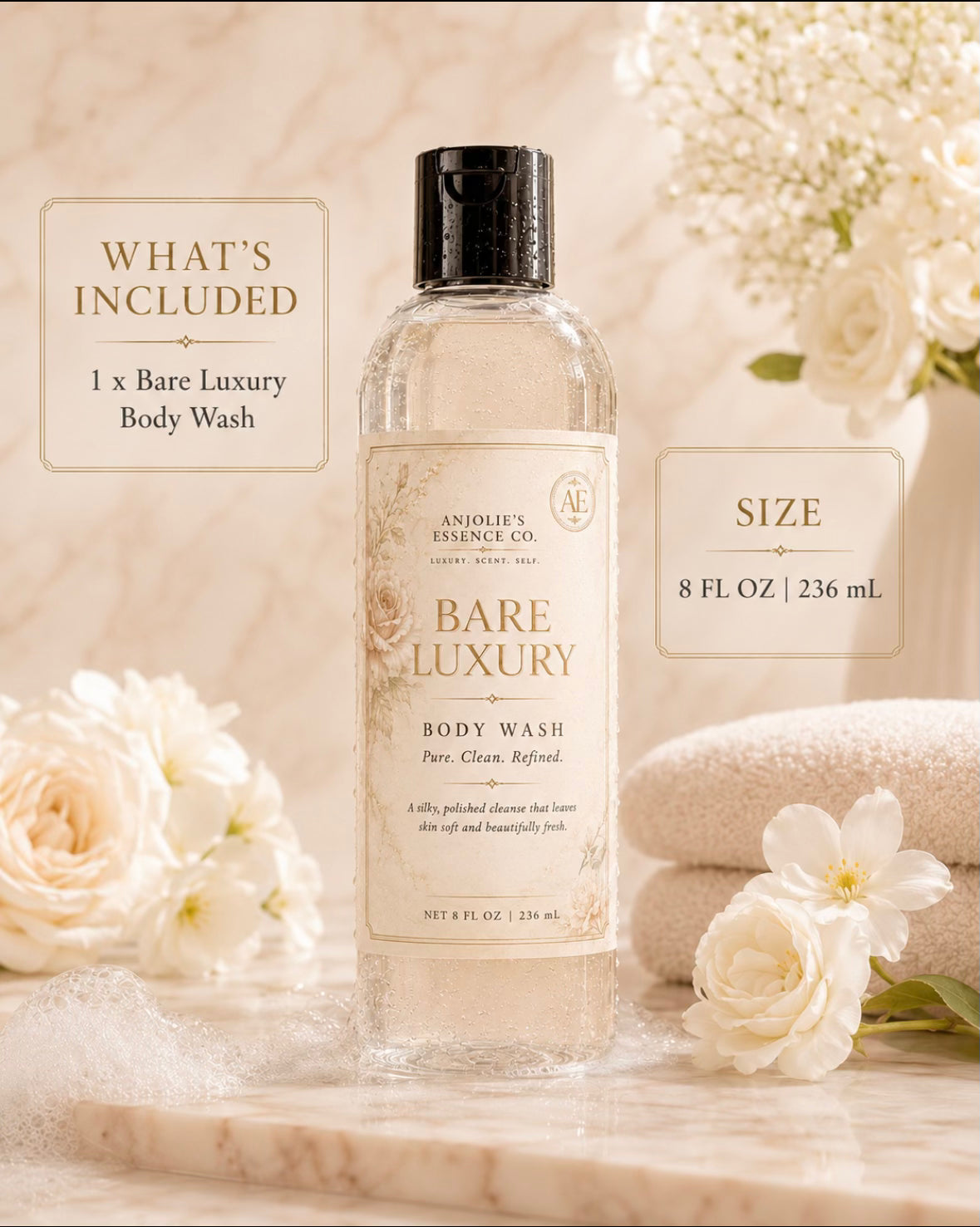 Bare Luxury Body Wash 8 Oz Clean Linen Musk Fragrance Shower Gel by Anjolie's Essence Co.