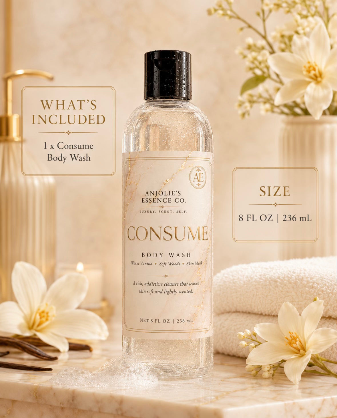 Consume Body Wash 8 Oz Warm Vanilla Woods And Skin Musk Fragrance Scented Cleanser by Anjolie's Essence Co.