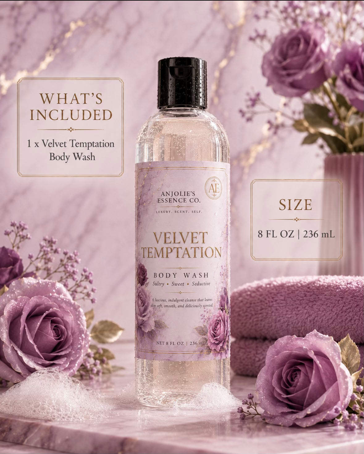 Velvet Temptation Body Wash 8 Oz With Warm Vanilla Floral Fragrance by Anjolie's Essence Co.