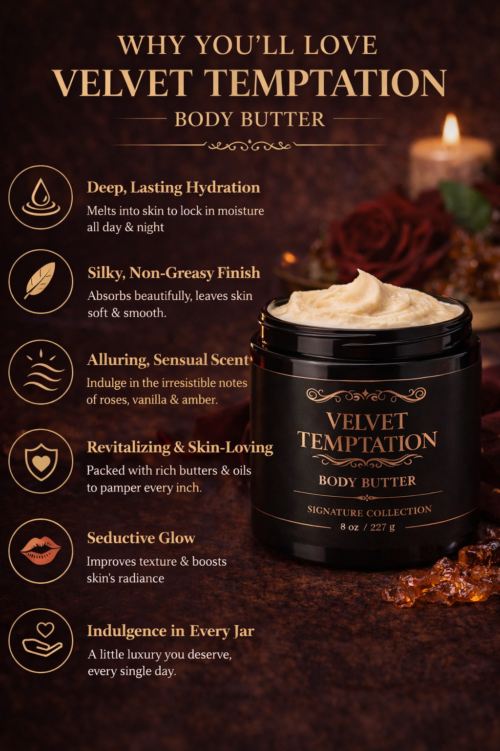 Velvet Temptation Whipped Body Butter For Silky Skin Hydration With Warm Vanilla Floral Scent For Women by Anjolie's Essence Co.